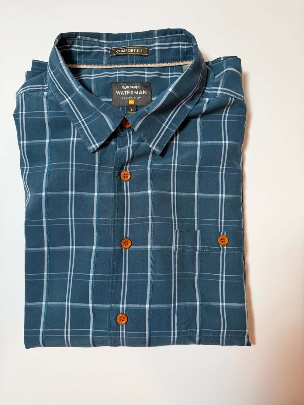 Quiksilver Waterman Collection Comfort Fit Plaid Short Sleeve Shirt Blue Large - Picture 6 of 6
